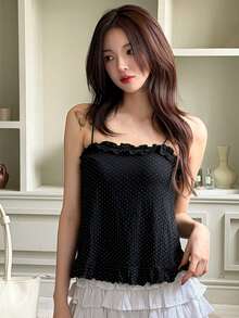 DAZY 女款波點印花荷葉邊時尚法式風情吊帶背心 夏季 - 黑色 - 查看 7