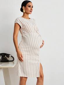 MaterniWear Striped Round Neck Short-Sleeved Maternity Dress With Side Slits And Apricot Hem; Suitable For Summer Casual Commuting.  Formal Dress   Formal - Apricot - View 4