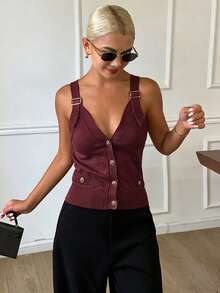 DAZY Áo tank top nữ màu trơn cổ chữ V không tay, chất liệu dệt kim mỏng, thanh lịch, thích hợp cho mùa hè. - Đỏ - Xem 5