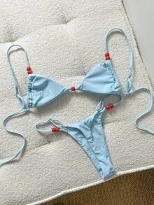 Swim Mod Conjunto de bikini de tirantes finos de unicolor rojo con decoración de cuentas para mujer, primavera/verano - Azul - Ver 3