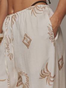 MUSERA Linen Look Drawstring Wide Leg Trousers Embroidered Beachwear Vacation Holiday Bohemian Summer Airport 4th July Spring Casual - Cream - View 5