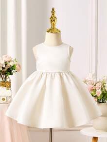 SHEIN Baby Girl Woven Contrast Color Bow Decor Round Neck Sleeveless Casual Elegant Dress Wedding Guest White And Pink Summer - Multicolor - View 5