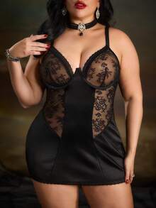 PinupPomp Gaun Kamisol Satin Patchwork Renda Gaya Istana Vintage Ukuran Besar dengan Kawat Penyangga dan Set Thong - Hitam - View 2