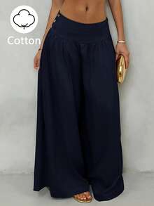 Glamine Pantalones anchos de cintura baja vintage, efecto estilizante, pantalones casuales de algodón puro color café, adecuados para vacaciones, uso casual, verano - Azul Marino - Ver 3