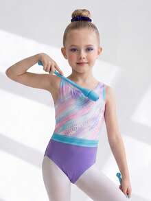 SHEIN 1 pieza Malla sin espalda con bloques de color apta para gimnasia, danza, ropa deportiva de una sola pieza - Morado - Ver 4