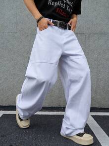 Manfinity EMRG Men's Casual Everyday Commute Solid Color Loose Fit Wide Leg Jeans With Side Pockets, Belt Not Included - White - View 5