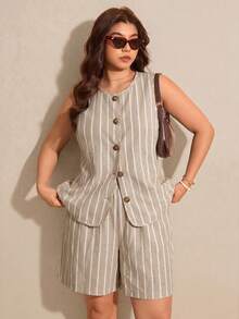 Elaquor 大码女式条纹单排扣背心和短裤休闲两件套 - 卡其色 - 查看 3