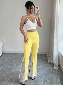 Elenzga Women's Elegant Casual Black Lace Patchwork Leggings, Suitable For Autumn/Winter Party, New Year, Christmas, Valentine's Day, Halloween Casual Outfits - Light Yellow - View 3