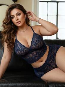 SHEIN 2 piezas Conjunto de lencería romántica con cordón para tallas grandes - Azul Marino - Ver 4