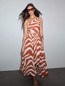 MOTF PREMIUM VESTIDO MIDI ASIMÉTRICO DE HOMBRO VACÍO CON ESPALDA DESCUBIERTA Y RAYAS, PRIMAVERA/VERANO - Color caoba - Ver 4