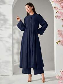 Veilorie New Pleated Loose Comfortable Casual Versatile Beach Vacation Flowy Elegant 2 Pieces Set - Navy Blue - View 5