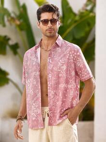 Mercer Haus Camisa casual de manga corta con botones y estampado sencillo para hombre - Rosa - Ver 4