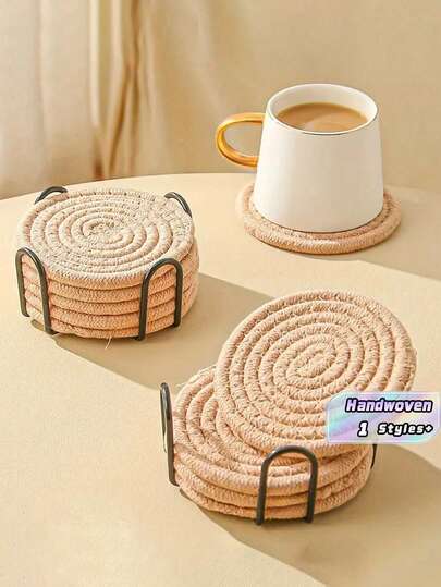 Bộ 8 tấm lót bàn, đế lót cốc, tấm lót bàn riêng lẻ màu nâu, thảm cách nhiệt dệt thủ công, đế lót ly, tấm lót đĩa và nồi.