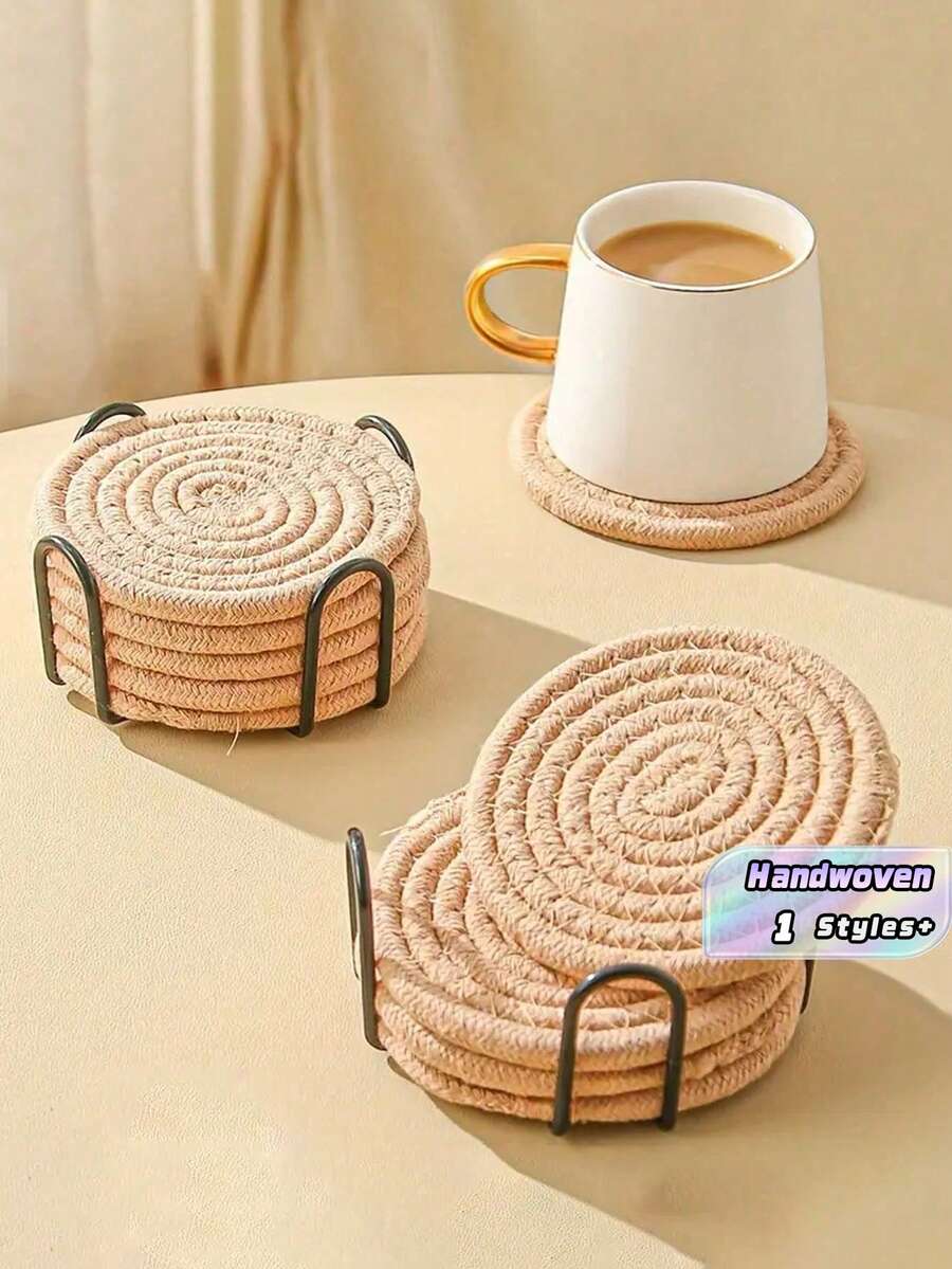 8 piezas de individuales para mesa, posavasos, individuales de mesa tejidos a mano de color marrón, individuales aislantes, posavasos, individuales para platos y ollas - Café ligero - Ver 1