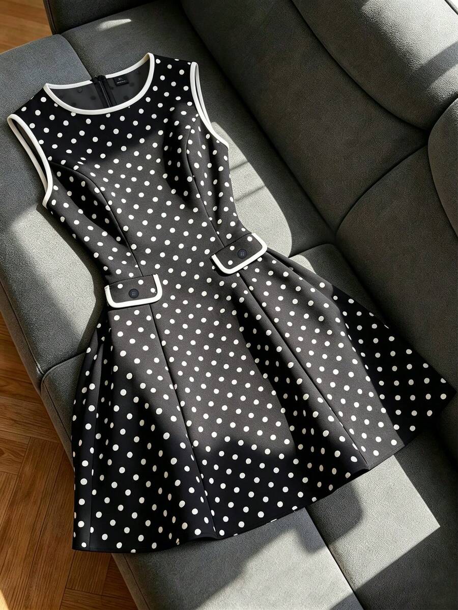 Qadelle Standard Size Women's Polka Dot Element Faux Pocket Design Elegant Vacation Dress - Black - View 1