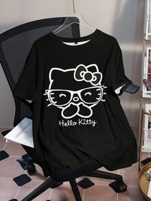 HELLO KITTY AND FRIENDS | SHEIN 大码圆领短袖休闲夏季可爱图案T恤 - 白色 - 查看 1