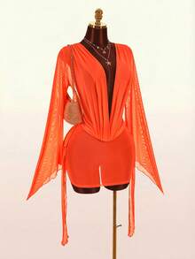Amplova Robe femme à manches longues, col cache-cœur, manches évasées, dos nu, avec franges à l'ourlet, sexy et avant-gardiste - Orange - Voir 2