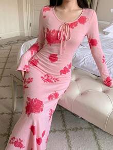 DAZY Vestido con cintura ceñida y estampado floral, ropa de dormir para mujer, verano - Rosa - Ver 4
