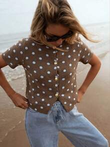 Serisse Women's Contrast Polka Dot Print Short Sleeve Knit Top - Brown - View 13