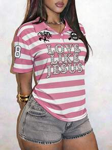 Slaydiva T-shirt à manches courtes décontracté pour femmes, imprimé de rayures et de lettres, été - Multicolore - Voir 3