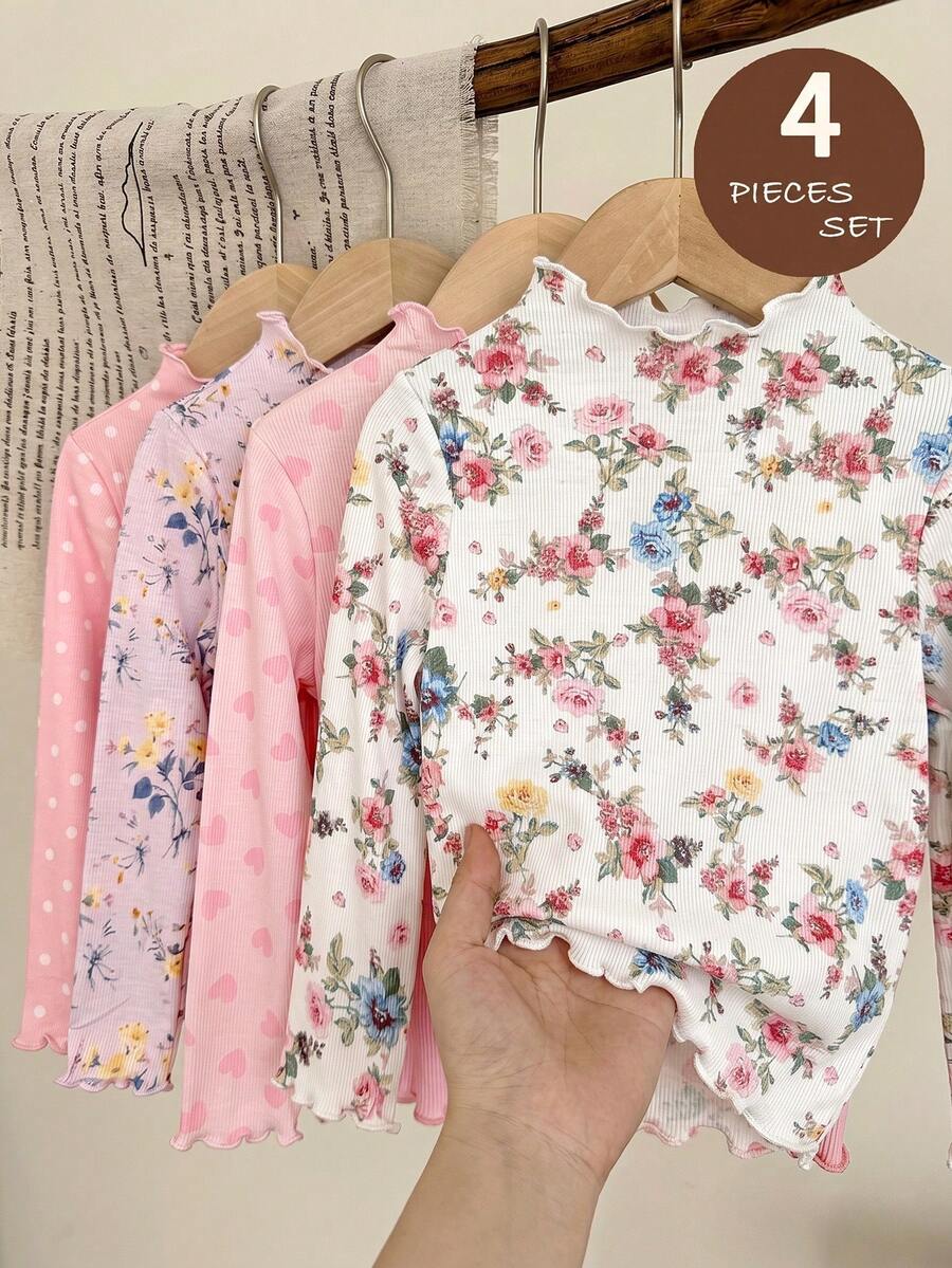 SHEIN 女童 4 件組針織花朵愛心波點圖案荷葉領休閒 T 恤套裝,厚實面料,適合秋冬 - 彩色 - 查看 1