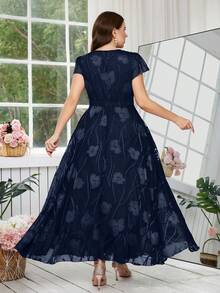 Reflora Plus Size Women's Elegant Floral Print Dress, Summer Wedding Guest Dress - Navy Blue - View 8