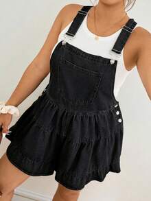 Lounesse Plus Size Women Summer Casual Vacation Daily Commute Ruffle Hem Loose Denim Romper - Black - View 6
