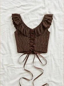 Soleia Atasan Wanita Polos dengan Hiasan Ruffle, Kasual, Serbaguna untuk Pemakaian Sehari-hari - Coffee Brown - View 2