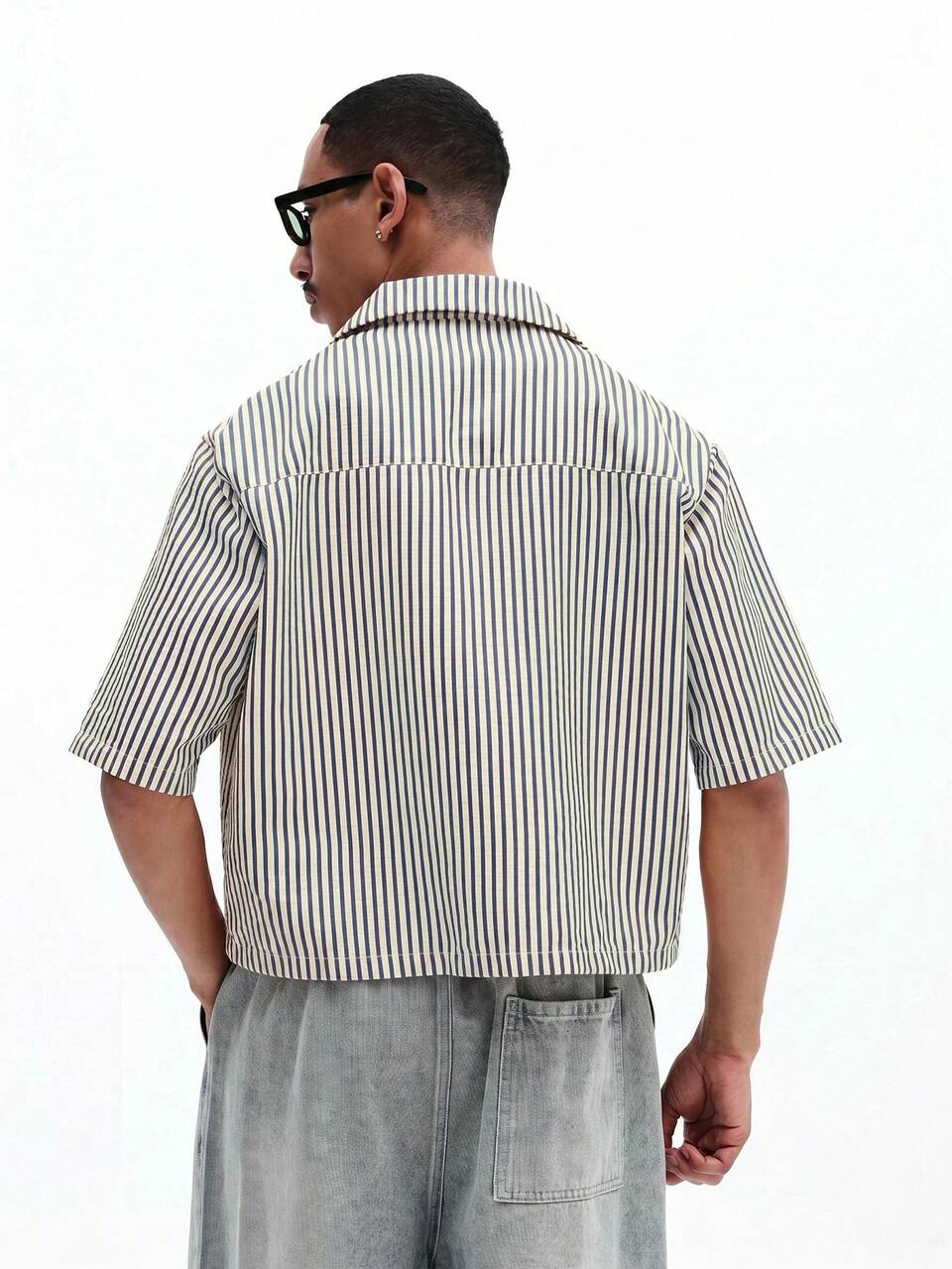 Striped Short Sleeve Cropped Trucker Shirt With Retro Embroidered Patches Summer Button-Up Overshirt
