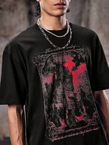 Skyrend Black Tee Shirt Scary Castle Graphicemo Graphic Tee Men - Red - View 7