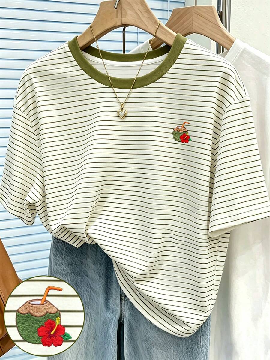 Resyla 條紋數位印花、夏威夷花卉灰色刺繡設計、時尚簡約女款圓領T恤、送給朋友的禮物 - 彩色 - 查看 1
