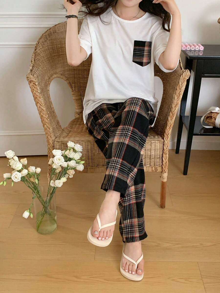 2pcs/Set Teen GirlCasual Loose Fit Drop Shoulder Top And Retro Plaid Pants Loungewear Set - White - View 1