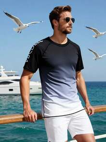 ZELFYO Men's Holiday Letter Striped Ombre Rash Guard, Round Neck Short Sleeve Swimwear - Light Grey - View 3