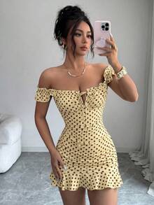 VaVaBold Women's Polka Dot Print Tie Front Ruffle Hem Midi Dress - Yellow - View 4