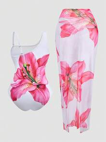 Swim Oasis Plus Size 2-Piece Swimsuit Set For Women, Elegant White Lily Flower Print One-Piece With Detachable Straps, Matching Sarong Skirt, Summer Vacation - White - View 2