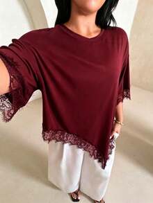 Rustia Plus Size Women Solid Color Contrast Lace Round Neck Asymmetric Hem Loose Casual T-Shirt - Burgundy - View 5