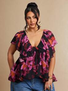 SHEIN BAE Áo kiểu nữ cỡ lớn in hoa màu tím, dáng rộng, xếp ly, thích hợp mặc đi nghỉ mát. - Màu tím - Xem 4