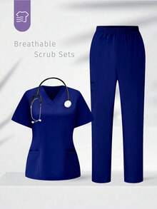 TaskEZ Scrubs Set: V-Neck Short Sleeve Top & Pants Scrub Uniform For Healthcare Workers - Deep Blue - View 1