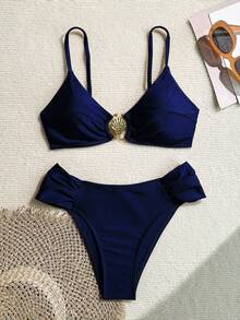 Swim Basics Women's Sexy Metal Decor Spaghetti Strap Bikini Set For Beach Vacation - Navy Blue - View 6