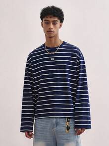 TOKVUE Men's Minimalist Striped Embroidered T-Shirt - Royal Blue - View 1