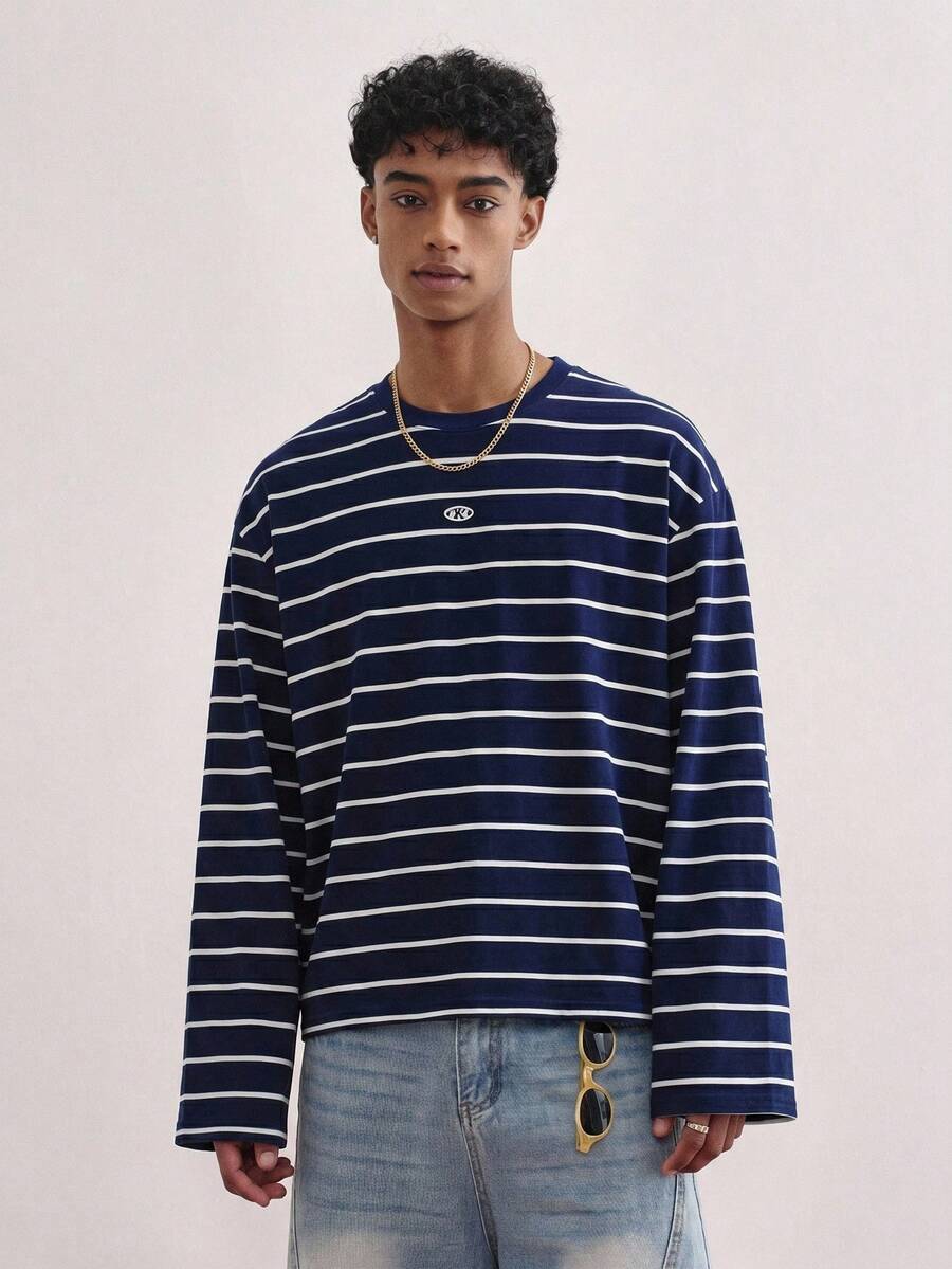TOKVUE Men's Minimalist Striped Embroidered T-Shirt - Royal Blue - View 1