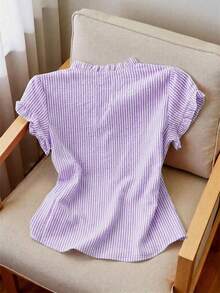 Franclia Women's Striped Frill Trim Short Sleeve Single-Breasted Casual Shirt - Purple - View 2