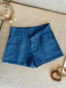 Franclia Women's Solid Color Casual Pocket Shorts - Blue - View 3