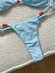 Swim Mod Conjunto de bikini de tirantes finos de unicolor rojo con decoración de cuentas para mujer, primavera/verano - Azul - Ver 5