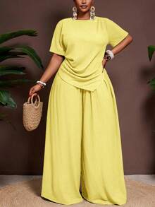 Veslaya 2pcs/Set 2026 Spring/Summer Casual Vacation Solid Color Asymmetric Hem Short Sleeve Top And Elastic Waist Wide Leg Pants Plus Size - Light Yellow - View 8