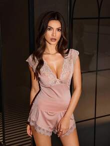 SilkySpell Sexy Damen Schleife Spitzenbesatz V-Ausschnitt Sommer leichter rosa Pyjama Set - Aprikosenfarben - Übersicht 6