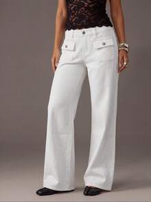 TRNVIE Fashion Casual Vacation Style Patch Pocket Low Waist Straight Leg Jeans - White - View 6