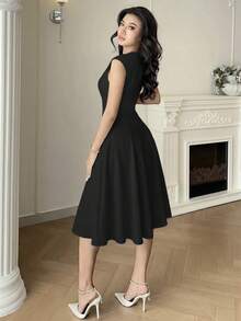 Feyla Women's Solid Color Notched Neck Elegant Short Dress, Spring/Summer Office Black - Black - View 5