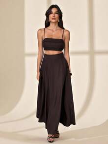 SHEIN Tall Lễ hội âm nhạc mùa hè mới, Lễ Phục sinh, Ngày Thánh Patrick, Phong cách miền Tây, Phong cách du mục, Tiệc sinh nhật, Lễ tốt nghiệp, Sinh viên, Trang phục hàng ngày, Thường ngày, Kỳ nghỉ, Du lịch tàu biển, Bãi biển, Tắm nắng, Thời trang, Bèo nhún, Dây đeo mảnh, Dệt kim, Tre, Vải lanh, Màu kaki Bộ 2 mảnh nữ màu nâu sô cô la Bộ 2 mảnh áo croptop và chân váy màu nâu - màu nâu - Xem 5