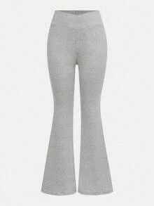 Girlism 2件套少女/青少年女孩藏青色和灰色纯色针织七分喇叭裤套装，腰部交叉设计修身休闲喇叭裤套装，适合日常和居家穿着。 - 藏蓝色 - 查看 7